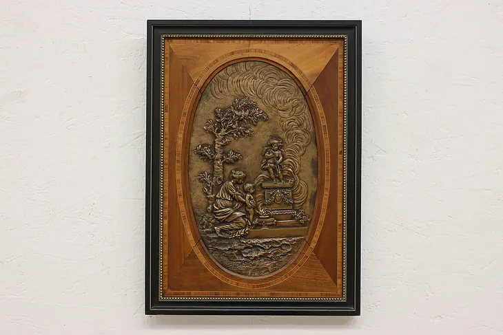 Mother Child & Angel Antique Salvage Bronze Plaque Marquetry Frame, Huet #45224