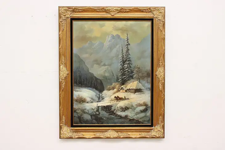 Snowy Mountainside Cabin Vintage Original Oil Painting, Mazur 51" #44928