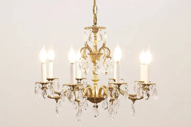 Regency Design Vintage 8 Arm Brass Chandelier, Crystal Prisms #44871