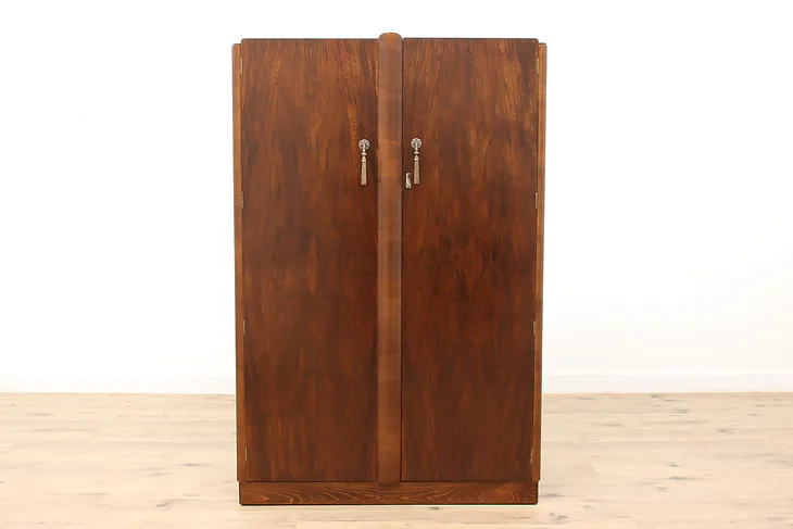 English Art Deco Vintage Figured Walnut Armoire, Wardrobe, or Closet #45423