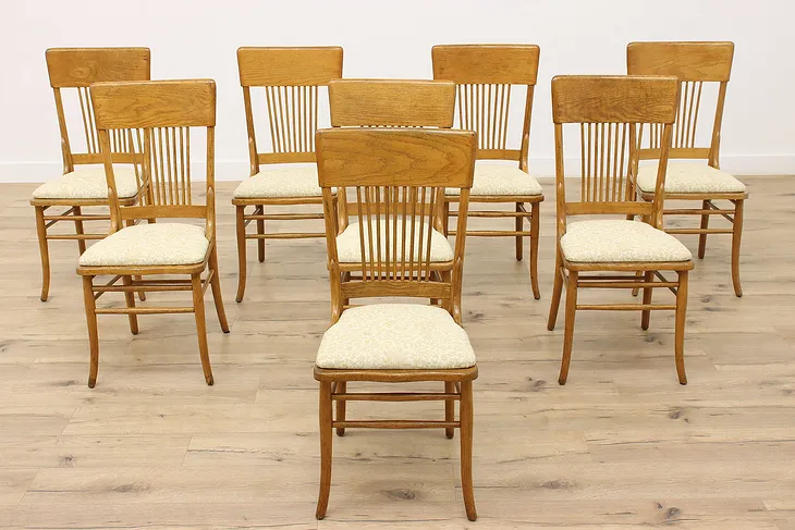 Set of 8 Antique Farmhouse Oak Dining Chairs, New Upholstery #45285