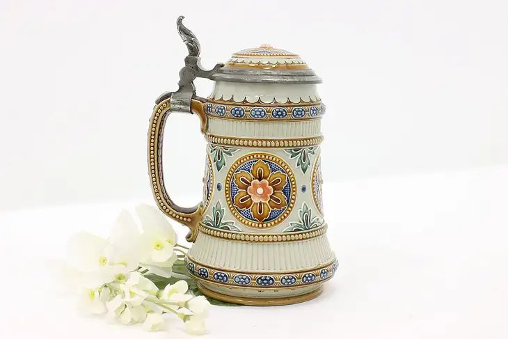 German Antique 1/2 Liter Beer Stein or Mug Flowers, Mettlach #44286