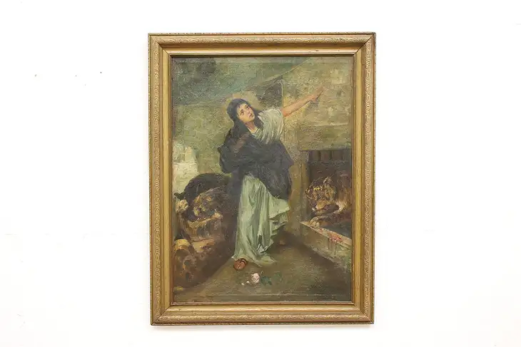 Woman with Leopards Antique Original Oil Painting 39" #44936