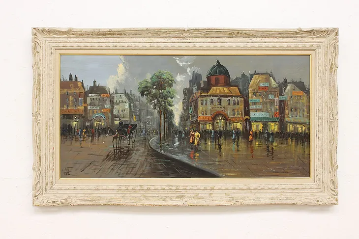 Paris Evening Scene Vintage Original Oil Painting, Bentz 48" #44926