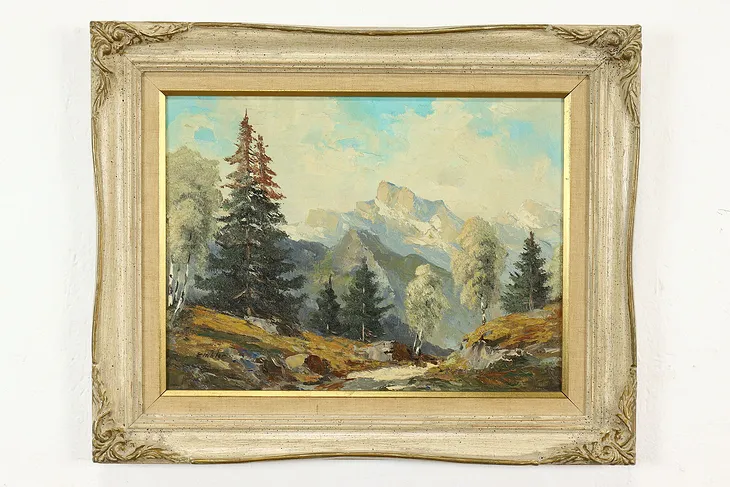 Alps Mountain Landscape Vintage Original Oil Painting, Embler 21" #45292