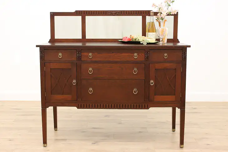 Traditional Antique Oak Buffet, Server, Sideboard, Mirrors #38736