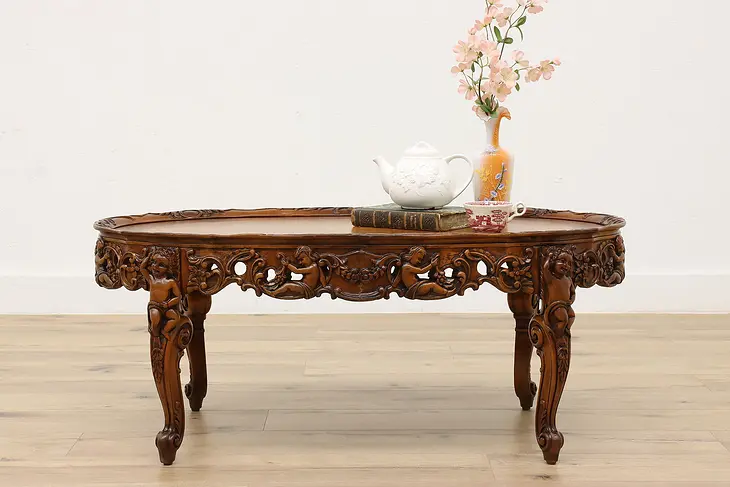 French Design Vintage Walnut Marquetry Coffee Table Cherubs #44943