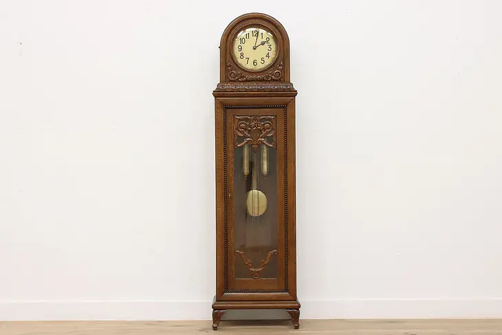 Art Deco Antique German Oak Tall Case Clock, Flowers, Urgos #39426