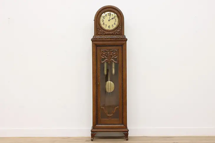 Art Deco Antique German Oak Tall Case Clock, Flowers, Urgos #39426