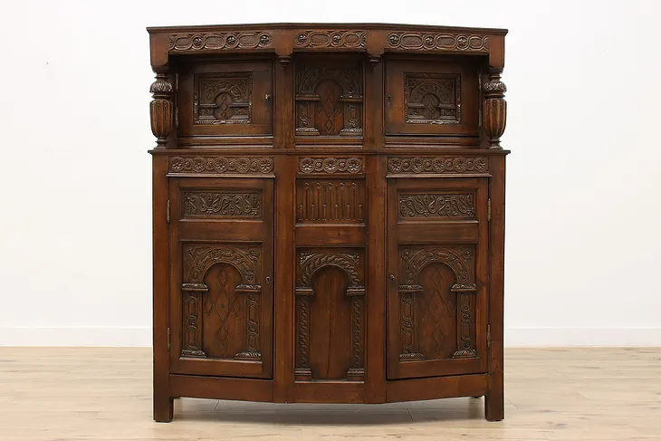 English Tudor Antique Oak Bar Cabinet China or Hall Cupboard #36531