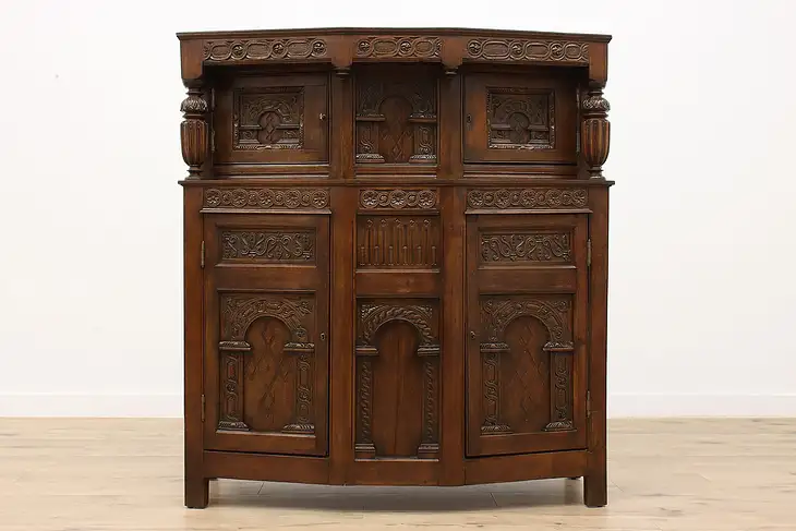 English Tudor Antique Oak Bar Cabinet China or Hall Cupboard #36531