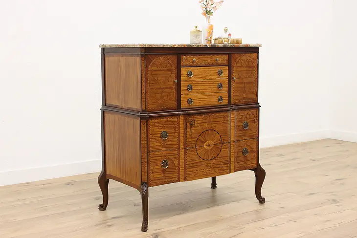 Mahogany Marquetry & Marble Dresser or Chest Jewelry Drawers #35628