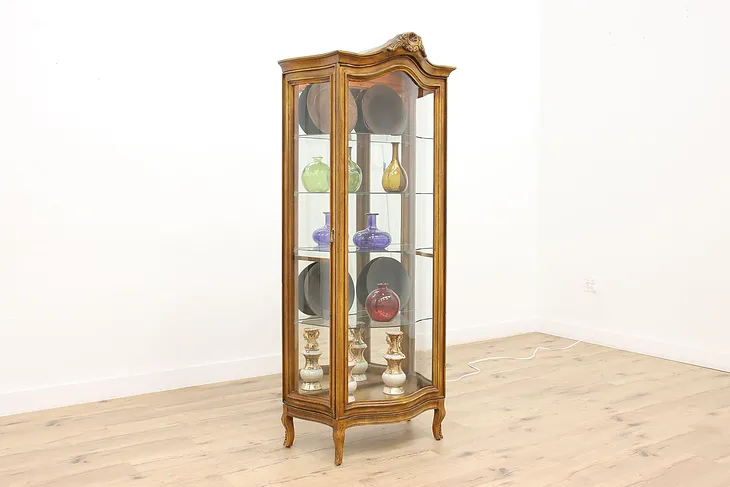Traditional Vintage Walnut Curved Glass China Curio Cabinet #45367