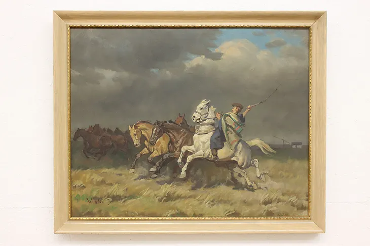 Herding Wild Horses Vintage Original Oil Painting, Viski 34" #45145