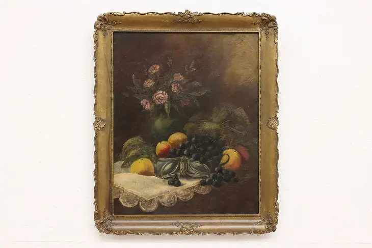 Peaches Still Life Antique Original Oil Painting Signed 23" #41087