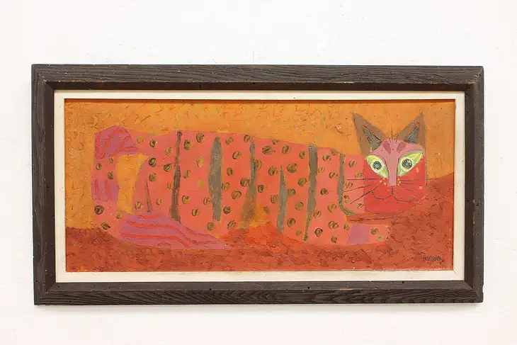 Red Cat Vintage Midcentury Original Oil Painting Hofsoos 26" #45448