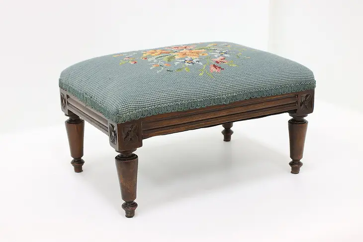Country French Vintage Carved Beech Footstool, Needlepoint #45211