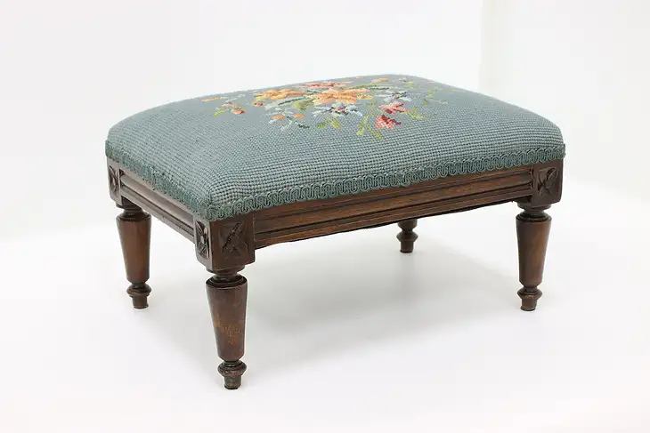 Country French Vintage Carved Beech Footstool, Needlepoint #45211