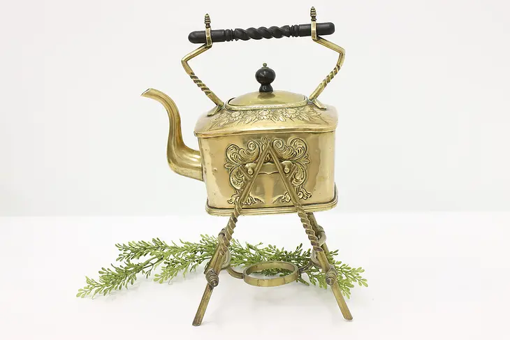 Farmhouse Victorian Antique Brass Teapot Kettle, Stand A & N #45040