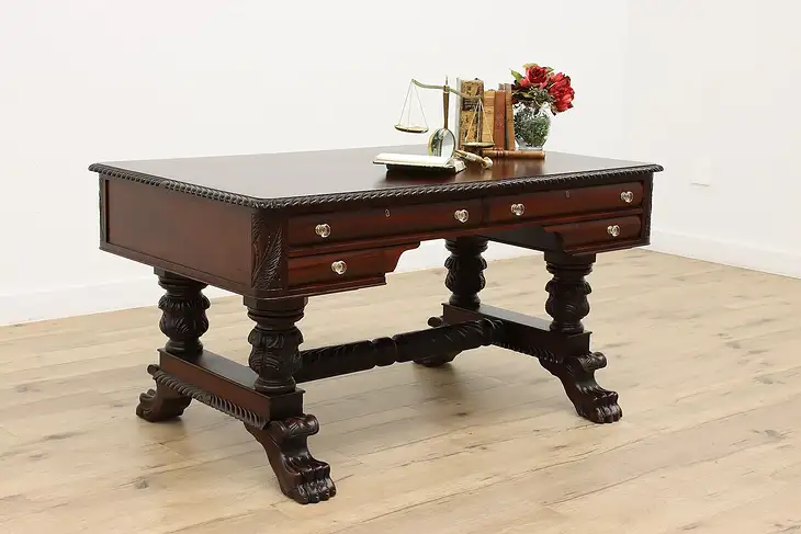 Empire Antique Mahogany Partner Desk, Carved Paw Feet  #45456