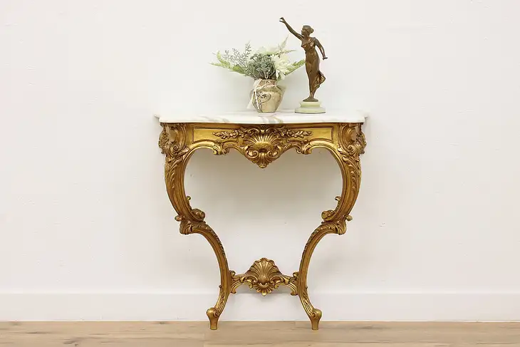 Italian Vintage Rococo Design Carved Hall Console Marble Top #45364