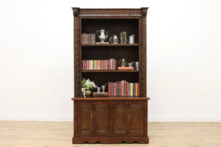 Asian Vintage Carved Teak Office Library Bookcase, Flowers #37798