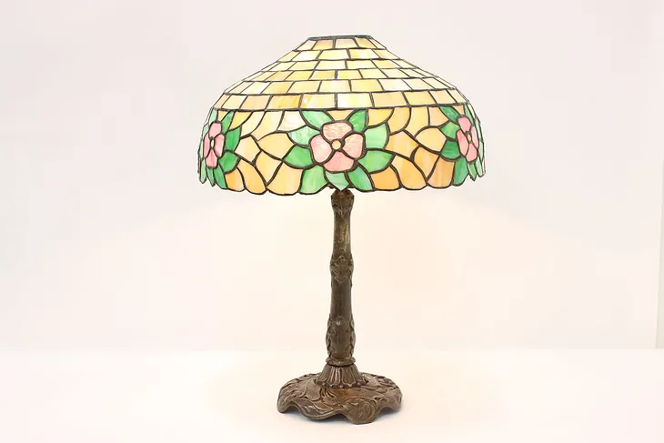 Art Nouveau Antique Leaded & Stained Glass Lamp, Flowers #45071