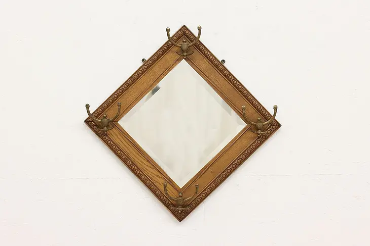 Victorian Antique Oak Wall Hanging Hall Mirror & Coat Rack #45257