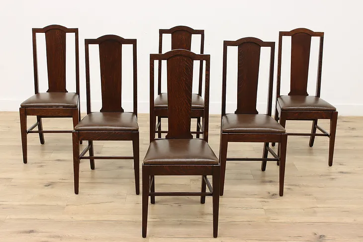 Set of 6 Craftsman Antique Oak & Leather Dining Chairs #45421