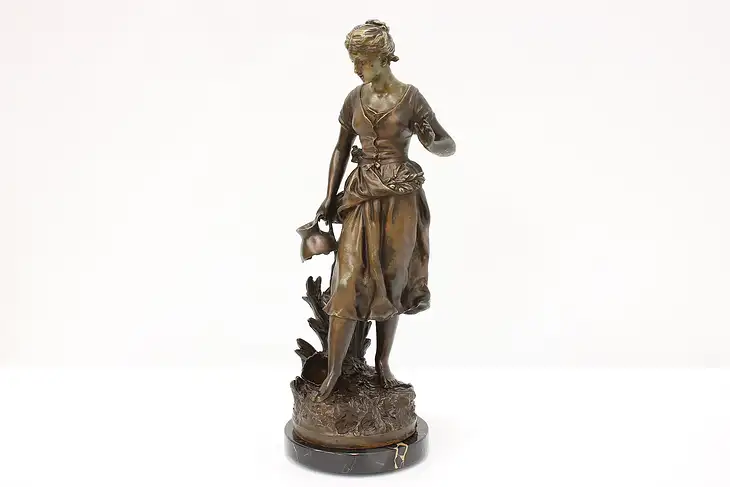 Art Nouveau Antique Woman with Jug Statue, Marble Base #44993