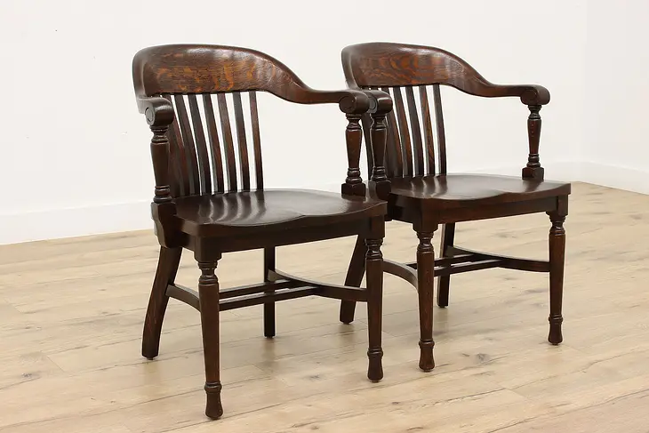 Pair of Traditional Antique Oak Banker Desk Chairs, Welch #42220