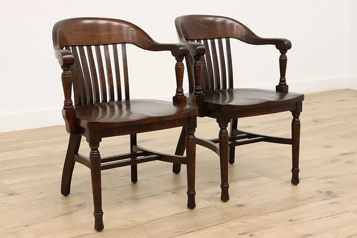 Pair of Traditional Antique Oak Banker Desk Chairs, Welch #45418