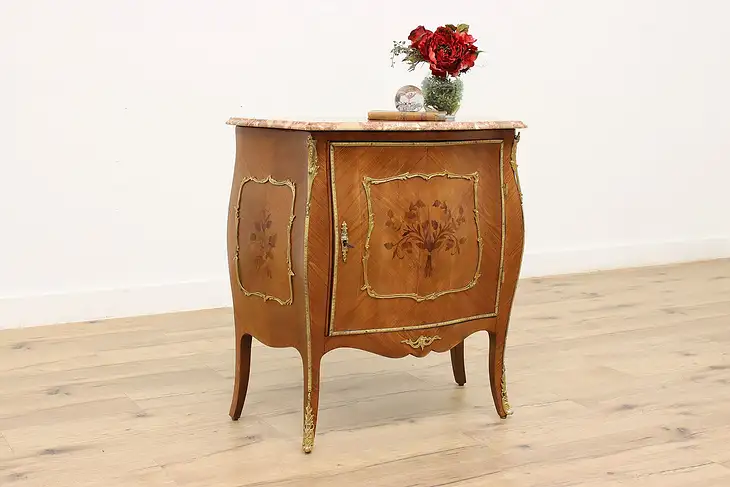 Italian Bombe Vintage Marble Top Marquetry Chest or Dresser #45366