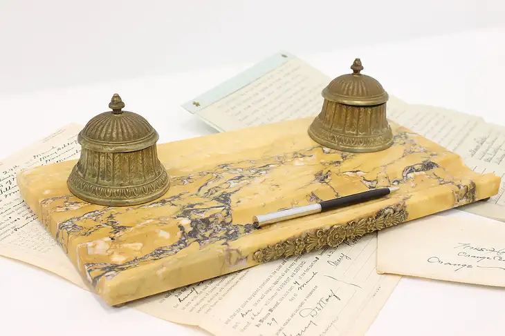 Marble & Bronze German Antique Desk Double Inkwell Set #45268