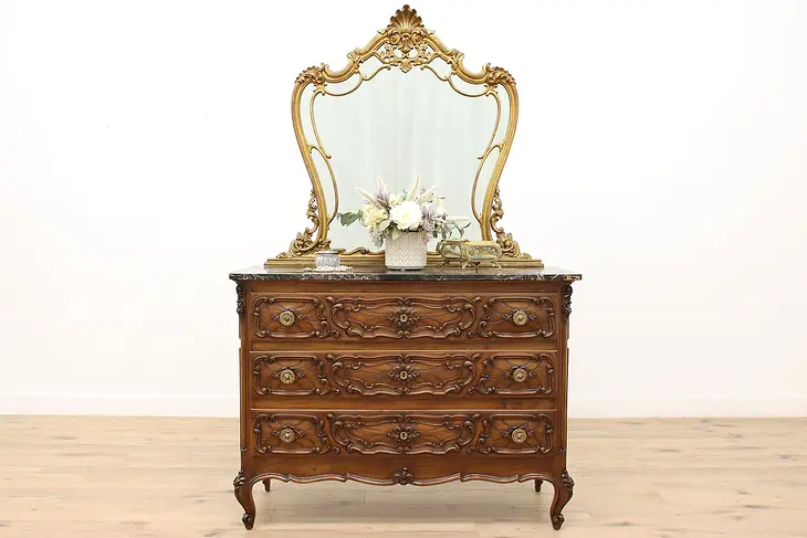 Italian Antique Walnut Chest or Dresser & Mirror, Marble #45479