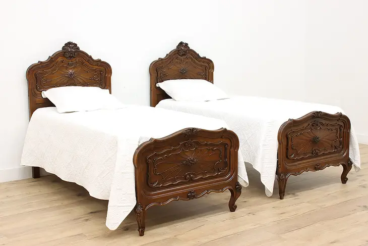 Pair of Antique Italian Piedmont Carved Walnut Twin Beds #36020