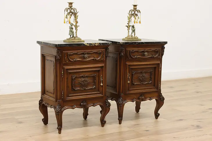 Pair of Italian Antique Walnut Nightstands End Tables Marble #45478