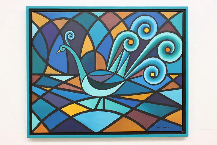 Teal Peacock Vintage Original Acrylic Painting, Bodden 32.5" #45604