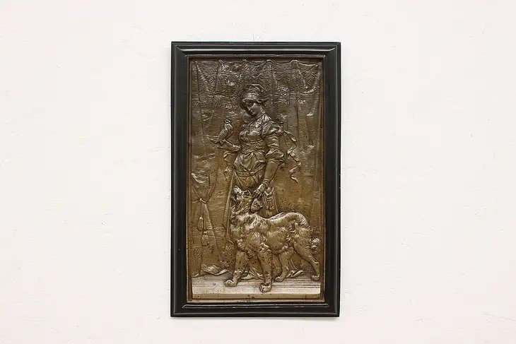 Victorian Antique Cast Iron Wall Relief Plaque, Woman & Dog #45396