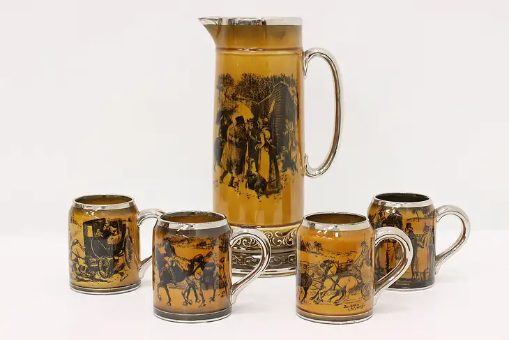 Ridgways English Antique 5 Pc Coaches Pitcher & Mugs Set #45588