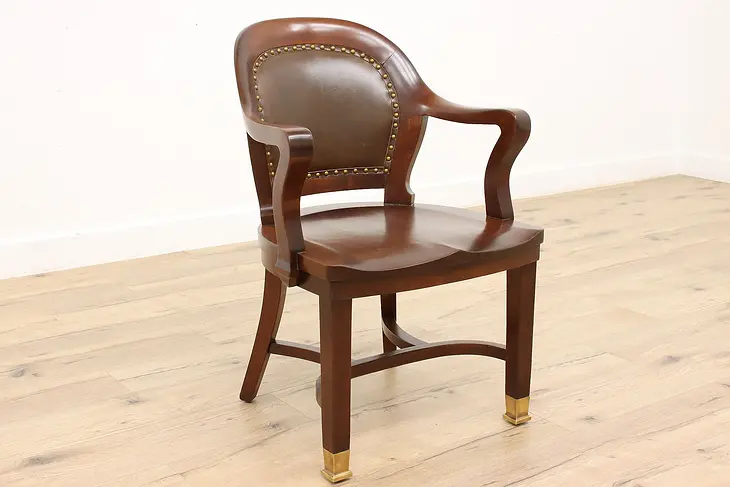 Leather & Walnut Antique Banker, Office or Desk Chair Signed #45026