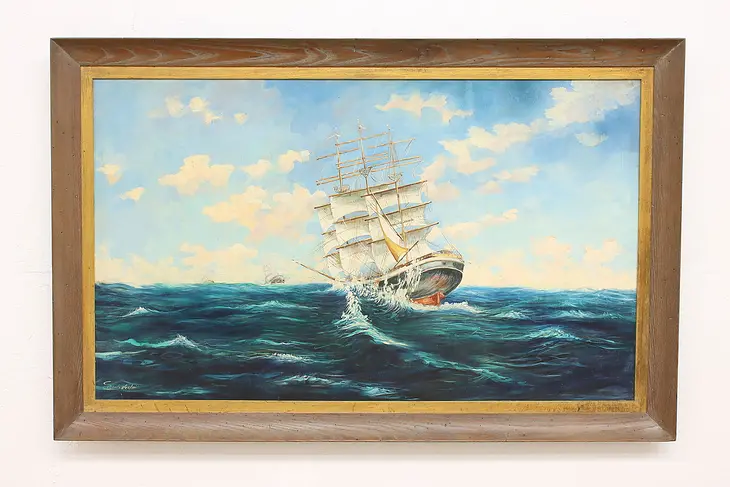 Sailing Ship Vintage Original Oil Painting, Signed 63" #45658