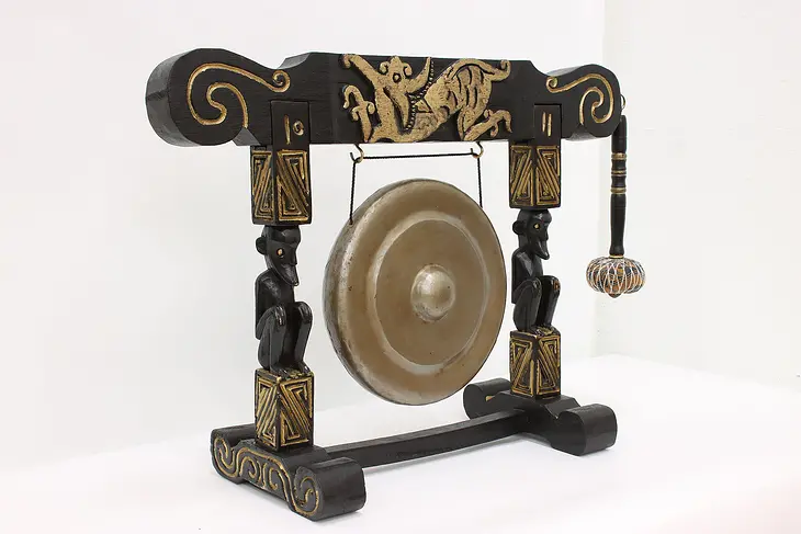 African Carved & Painted Vintage Temple Dinner Gong & Mallet #45330