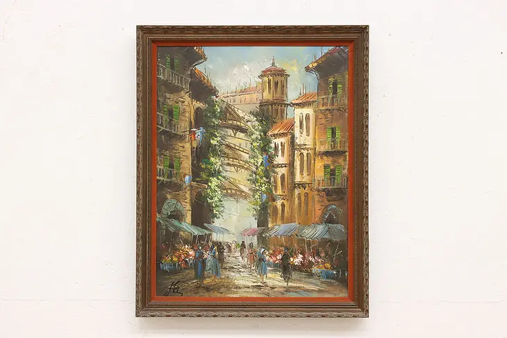 City Flower Market Vintage Original Oil Painting Signed 27.5" #45344