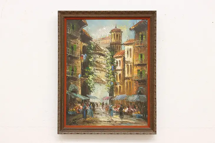 City Flower Market Vintage Original Oil Painting Signed 27.5" #45344