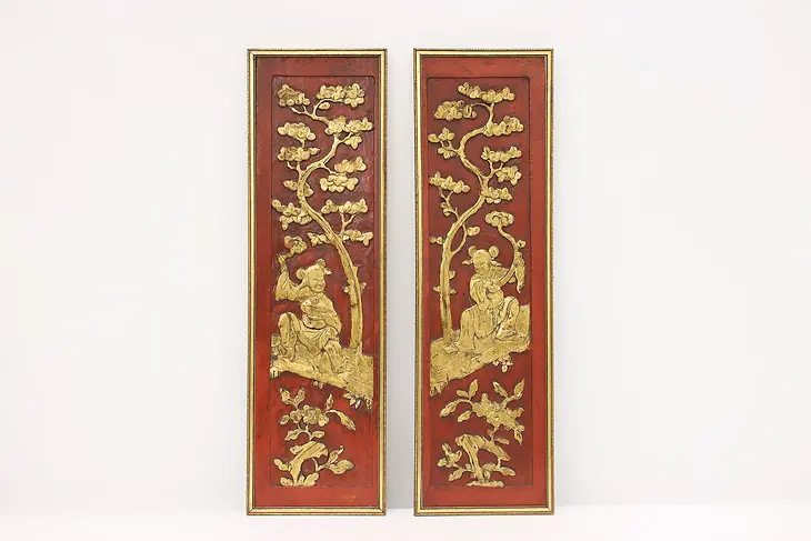 Pair of Chinese Antique Painted & Gilt Temple Carving Panels #45265