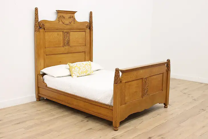 Victorian Antique Carved Oak Full or Double Size Bed #34357