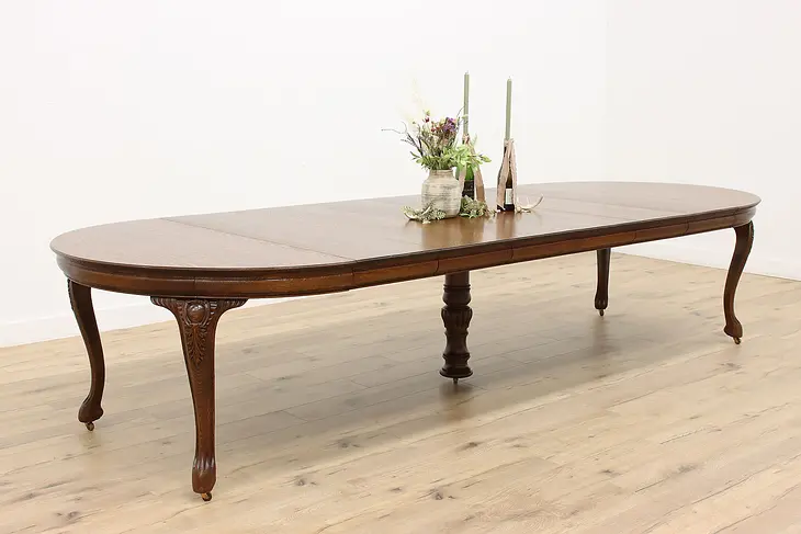 Victorian Antique Oak 54" Dining Table, 6 Leaves extends 12' #45449