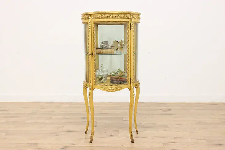 French Gold Leaf Curved Glass Antique China Curio Cabinet #45351