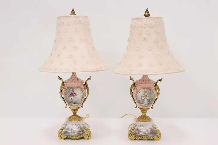 Pair French Antique Sevres Porcelain & Bronze Boudoir Lamps #44810